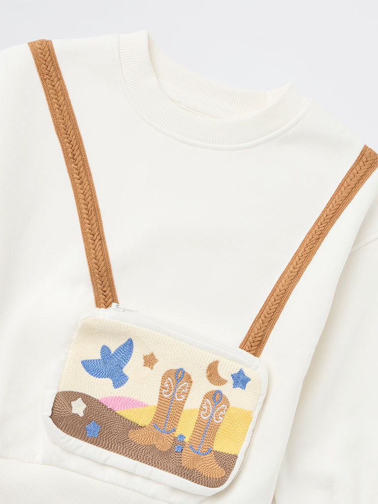 HOP Kids Girls White Embroidered Cotton-Blend Sweatshirt