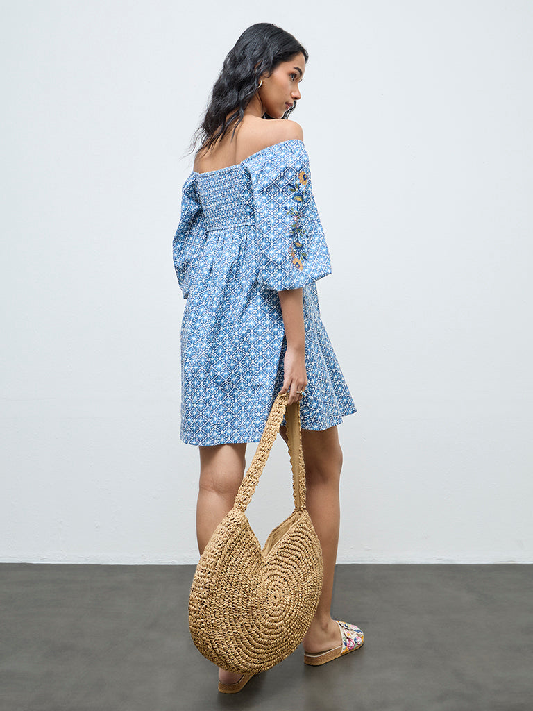 Bombay Paisley Blue Printed Cotton A-Line Dress