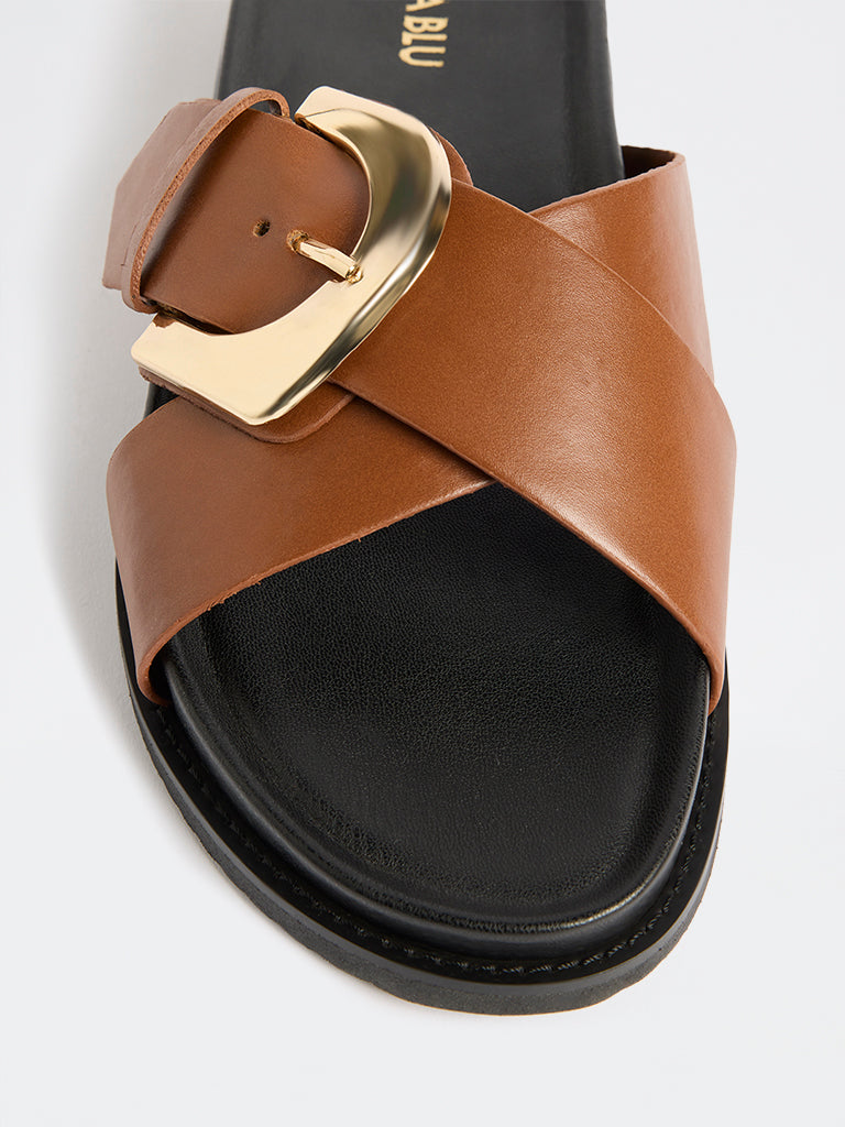 LUNA BLU Tan Buckle-Detailed Comfort Sandals