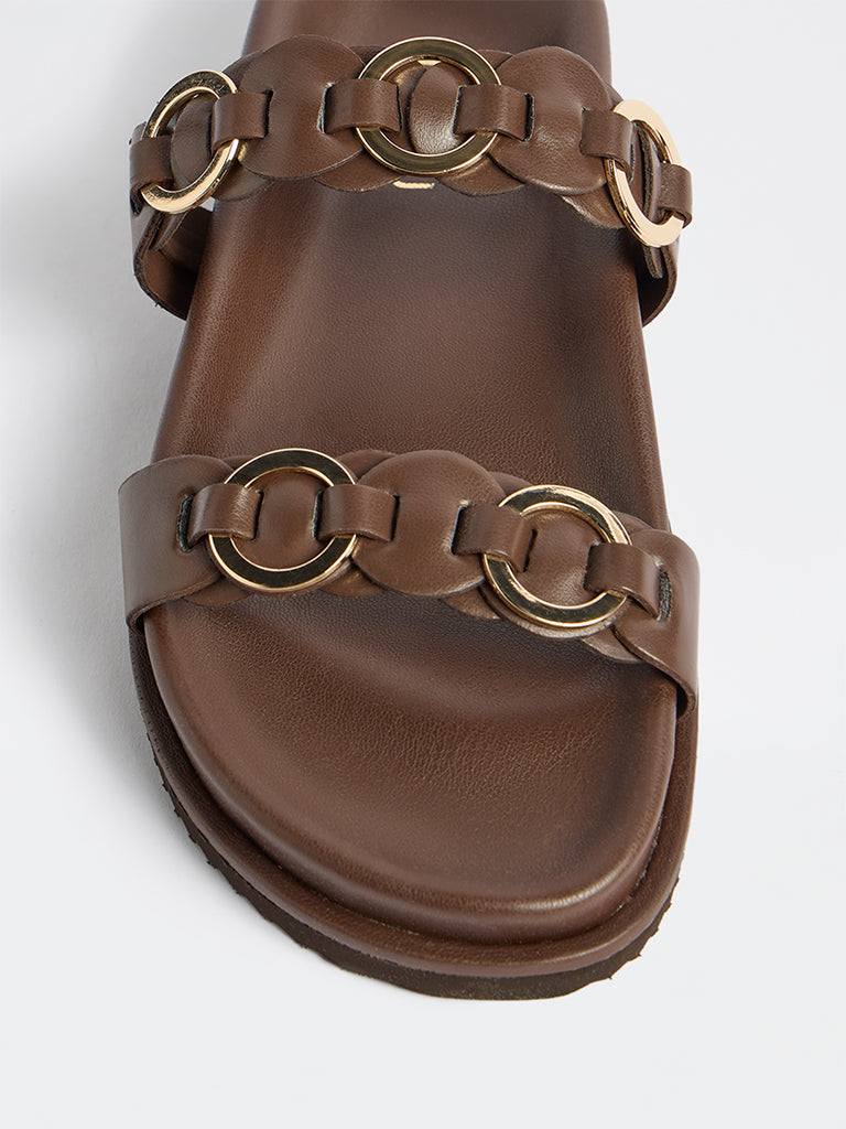 LUNA BLU Dark Brown Buckle-Detailed Slip-On Sandals