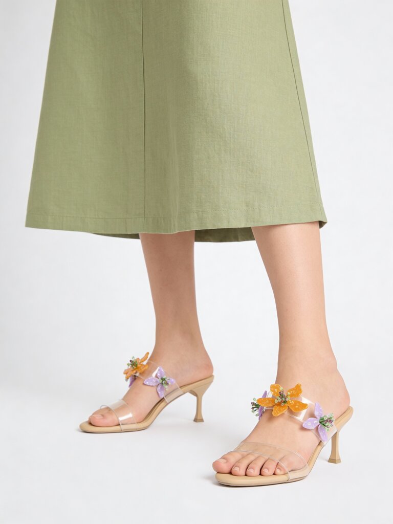 LUNA BLU Beige Floral-Detailed Vinyl Strap Sandals