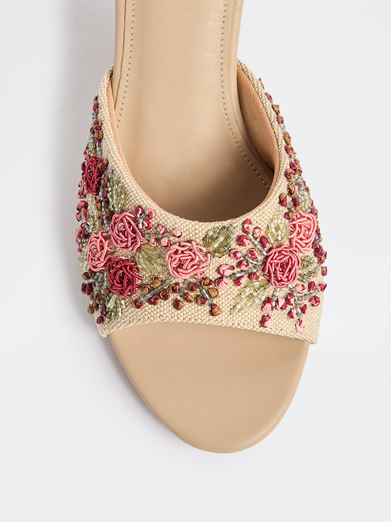 LUNA BLU Red Floral Embellished Kitten Heel Sandals