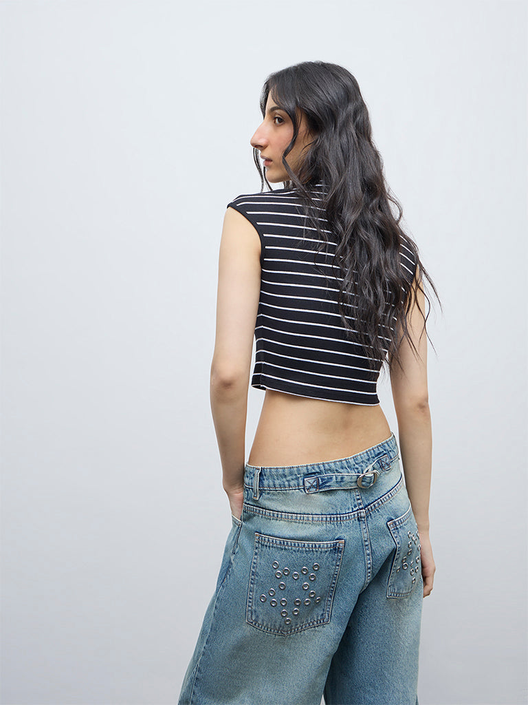 Nuon Black Stripe Pattern Cotton-Blend Top