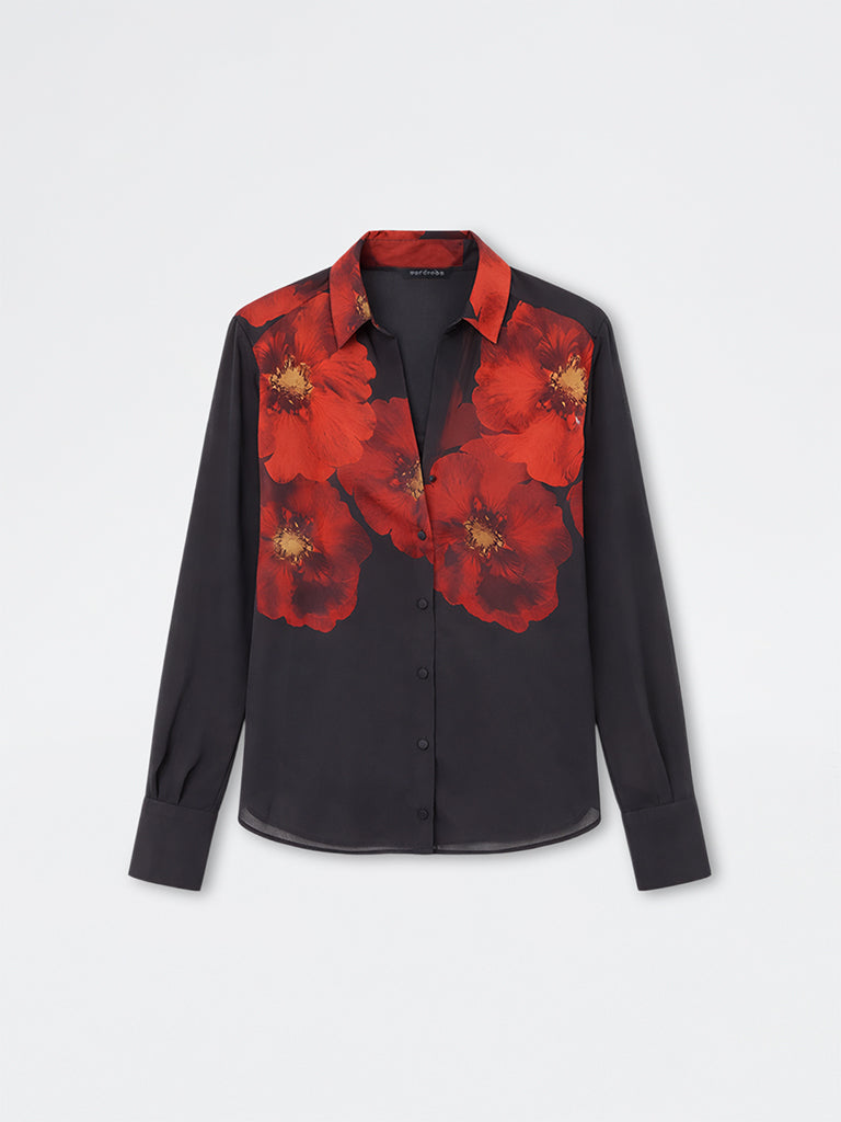 Wardrobe Black Floral Printed Shirt with Camisole