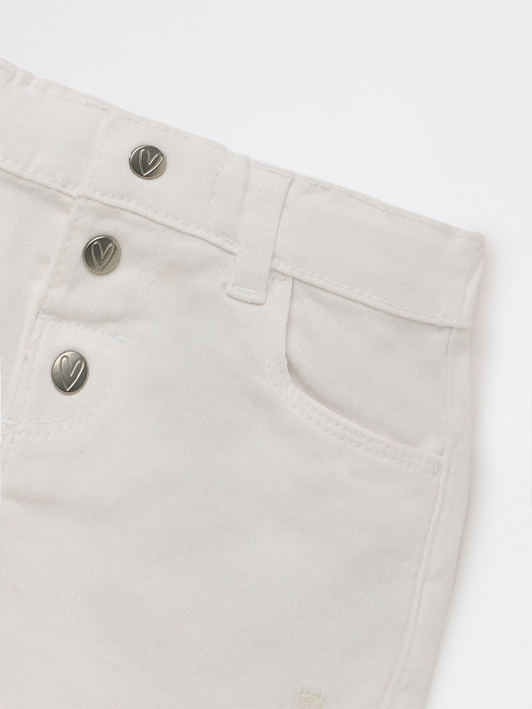 HOP Baby Girls White High-Rise Denim Shorts