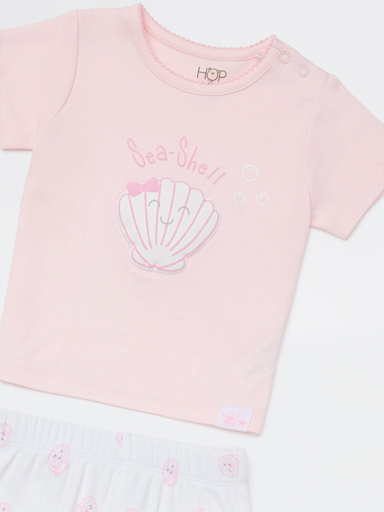 HOP Baby Girls Pink Printed Cotton T-Shirt and Pants Set