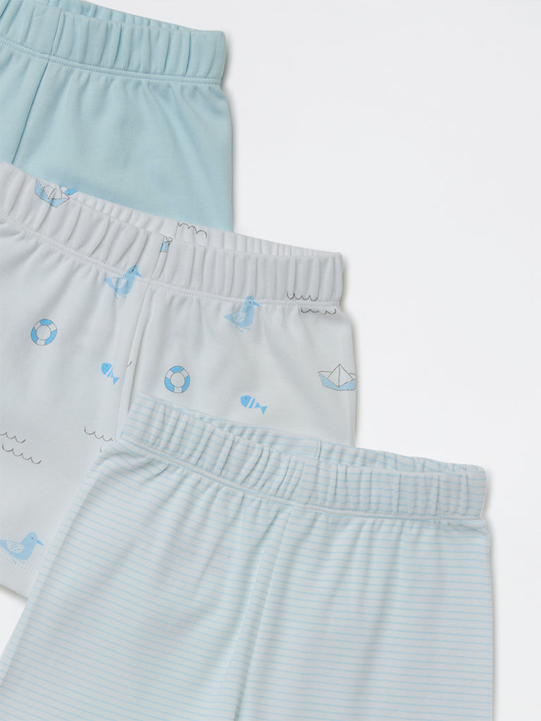 HOP Baby Boys Blue Printed Mid-Rise Cotton Shorts - Pack of 3