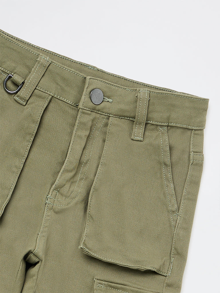 HOP Kids Boys Olive Mid-Rise Cotton-Blend Cargo Joggers