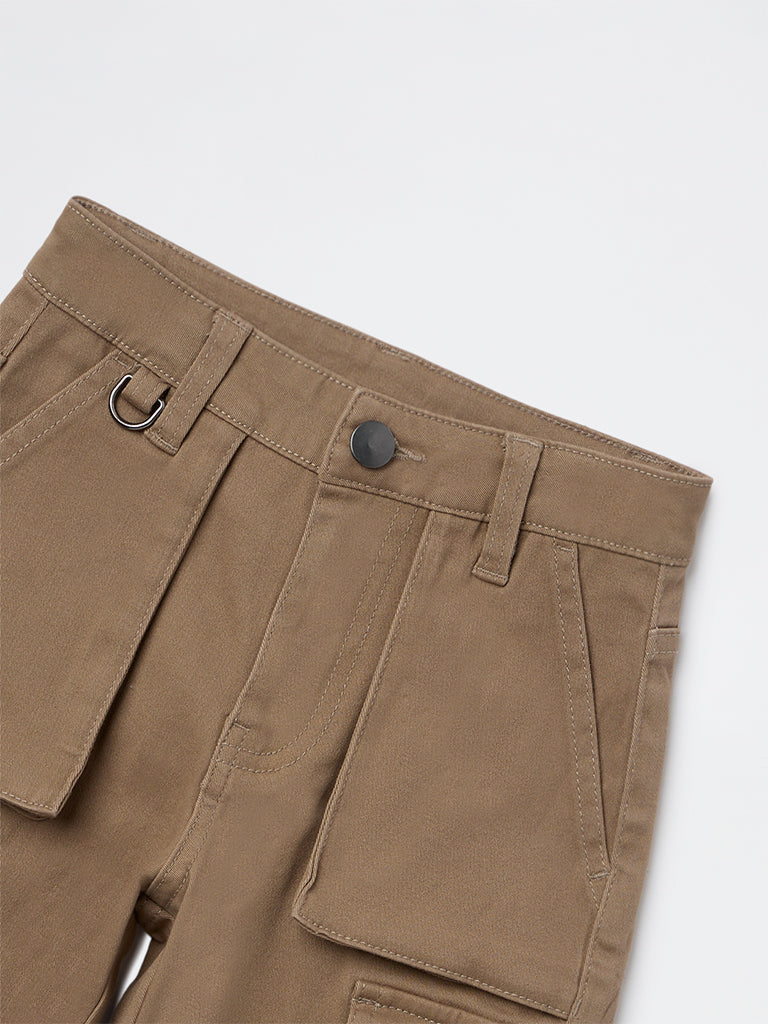 HOP Kids Boys Taupe Mid-Rise Cotton-Blend Cargo Pants