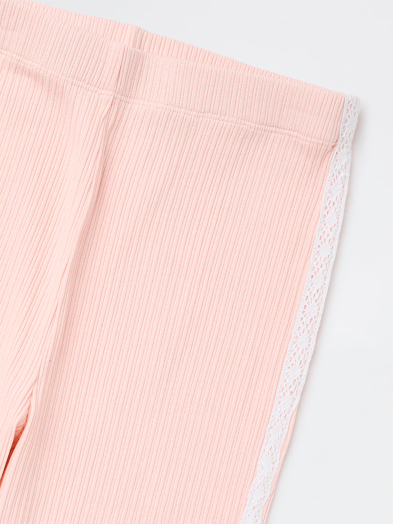 HOP Kids Girls Pink Ribbed High-Rise Cotton-Blend Leggings