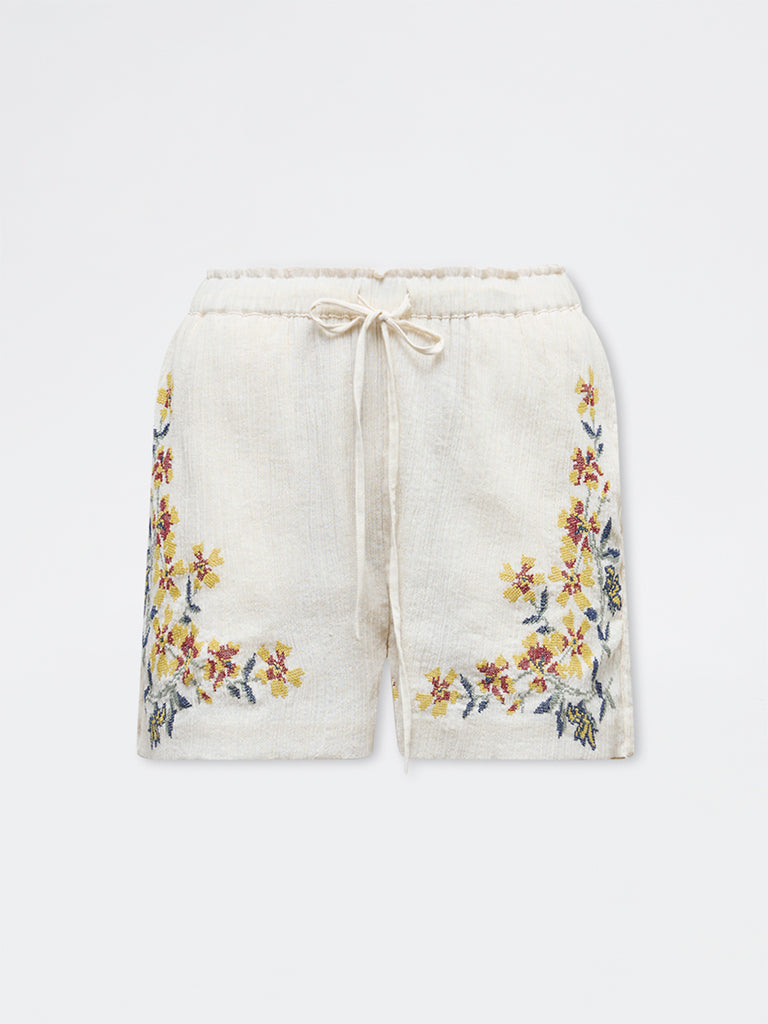 Bombay Paisley Off-White Floral Embroidered Cotton Shorts