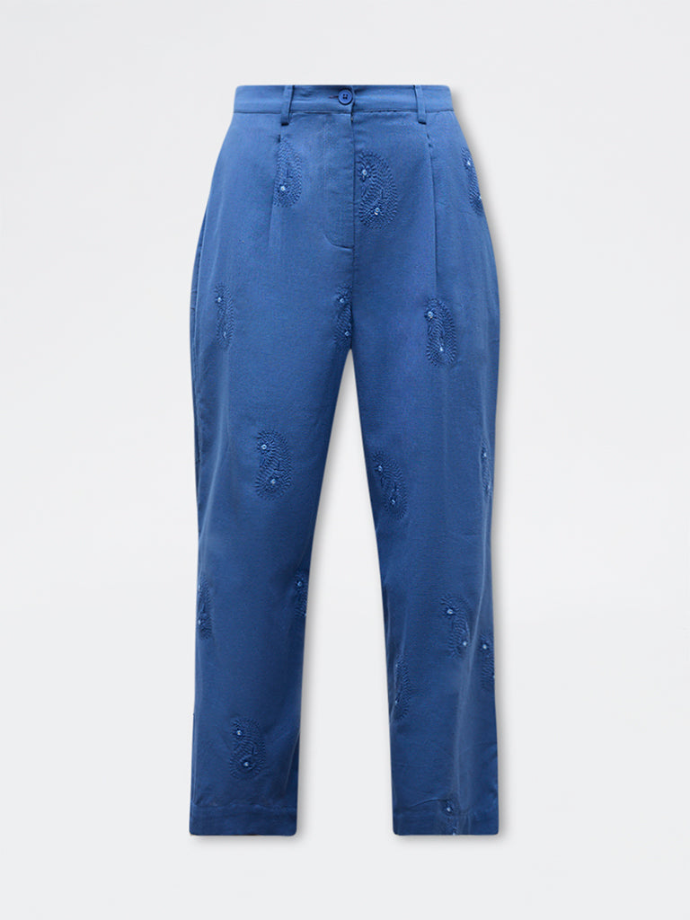 Bombay Paisley Blue Embroidered Cotton-Blend Palazzos