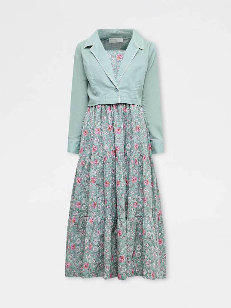Bombay Paisley Mint Floral Cotton Tiered Dress with Jacket