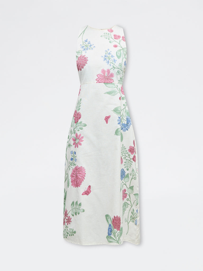 Bombay Paisley Off-White Floral Cotton-Blend A-Line Dress
