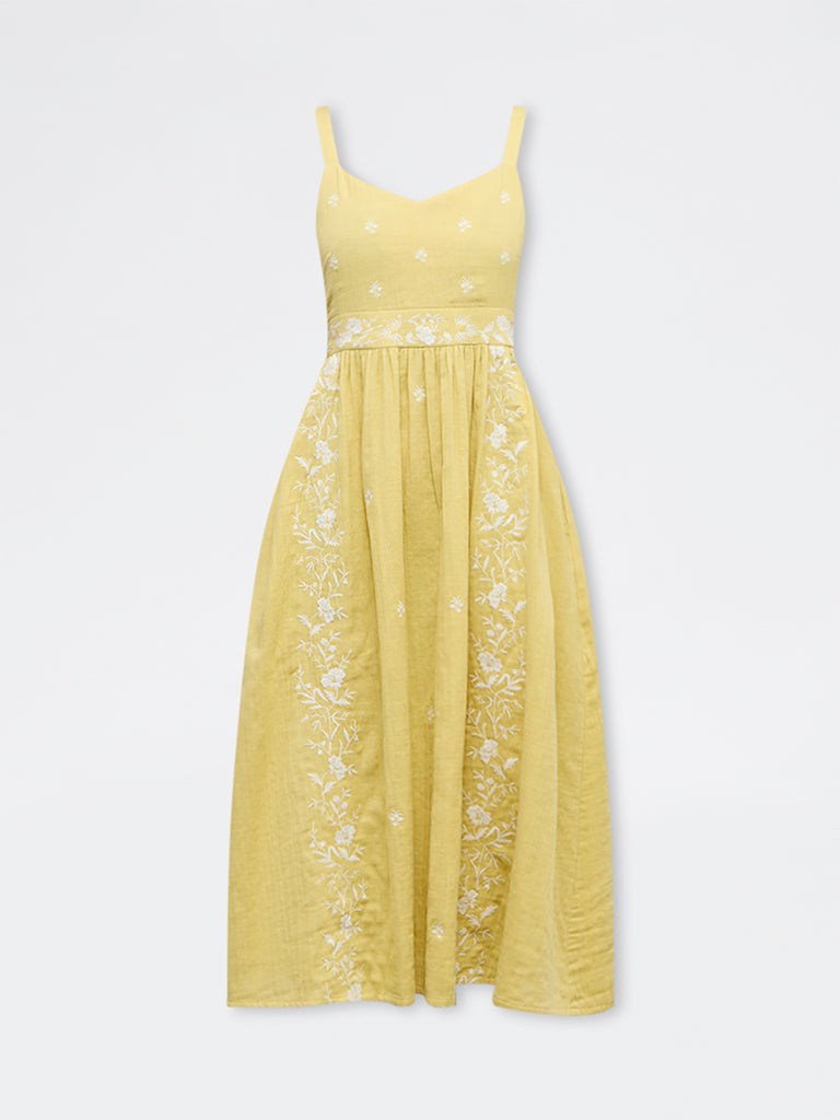Bombay Paisley Yellow Floral Embroidered Cotton A-Line Dress