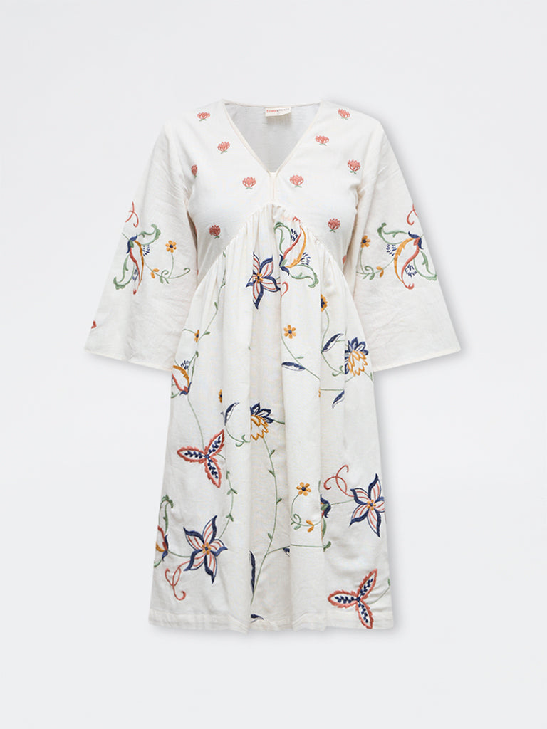 Bombay Paisley Off-White Cotton-Blend A-Line Dress
