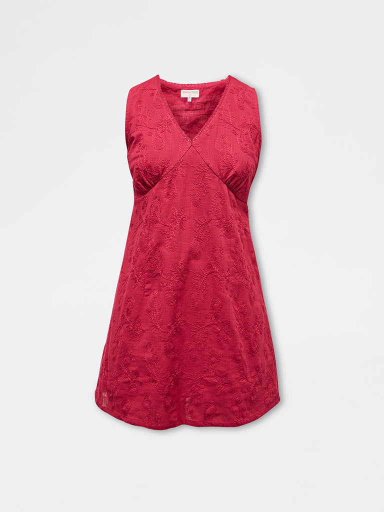 Bombay Paisley Red Floral Embroidered Cotton Straight Dress