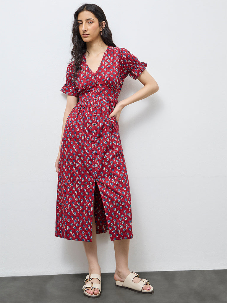 Buy Bombay Paisley Red Floral Cotton A-Line Dress from Westside
