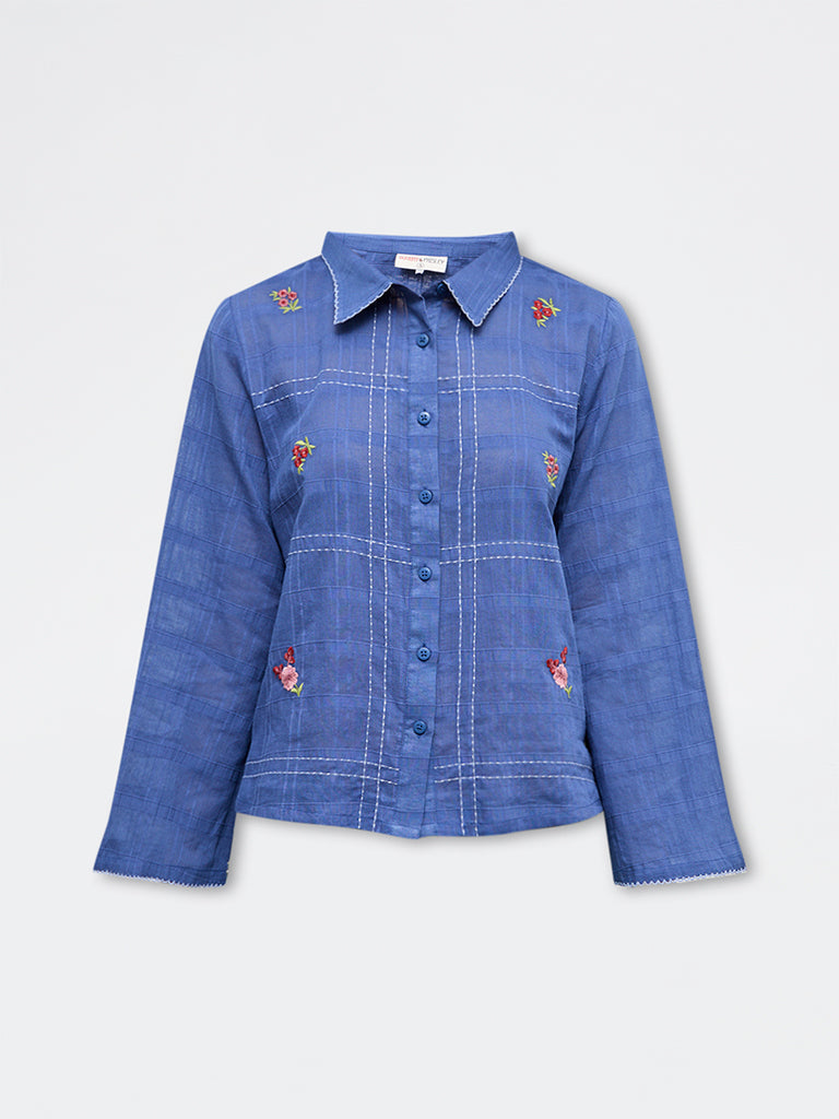 Bombay Paisley Blue Floral Embroidered Cotton Shirt