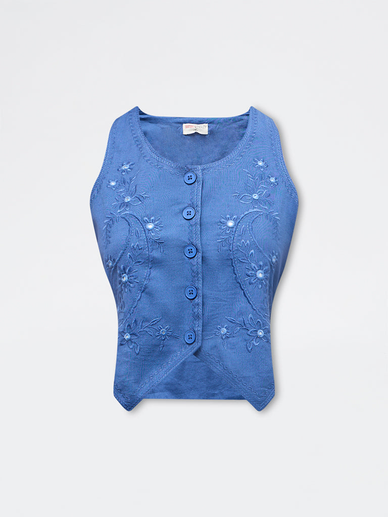Bombay Paisley Blue Embroidered Cotton-Blend Waistcoat Top