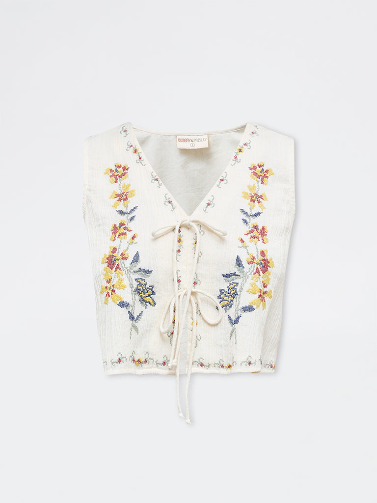 Bombay Paisley Off-White Floral Embroidered Cotton Top