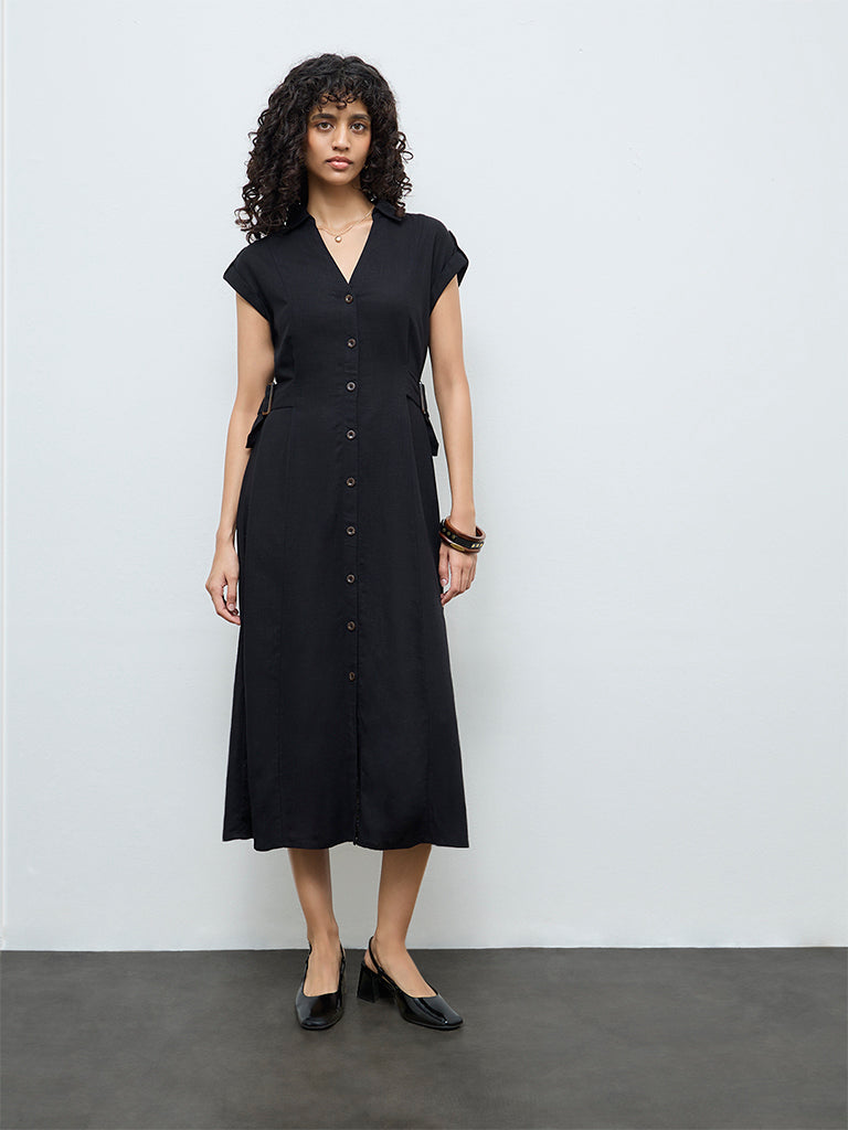 Buy LOV Black Solid Linen-Blend Shirt Dress from Westside