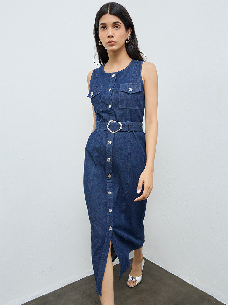 Buy LOV Blue Denim A-Line Dress with Belt from Westside