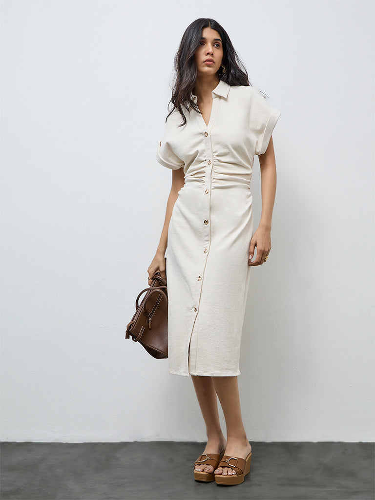 Buy LOV Cream Ruched Detailed Denim Shirt Dress from Westside