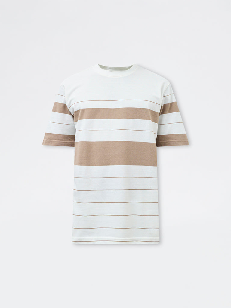 WES Lounge Beige Striped Relaxed-Fit Cotton T-Shirt