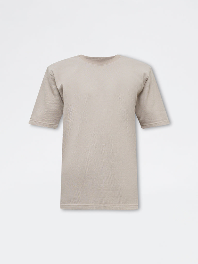 WES Lounge Beige Striped Relaxed-Fit Cotton T-Shirt
