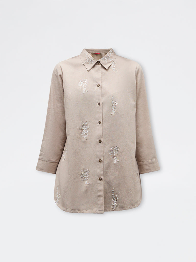 Zuba Beige Floral Embroidered Cotton-Blend Tunic