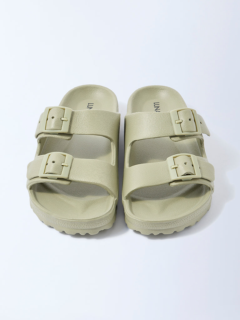 LUNA BLU Green Dual-Buckled Slip-On Sandals