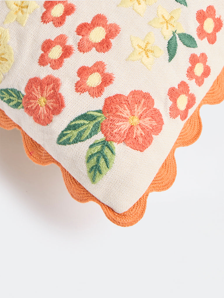 Westside Home Orange Floral Embroidered Cushion Cover