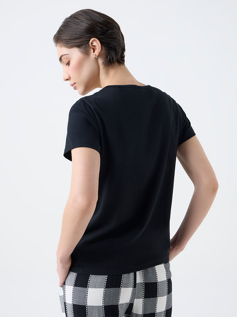 Wunderlove Black Text Detailed Cotton T-Shirt
