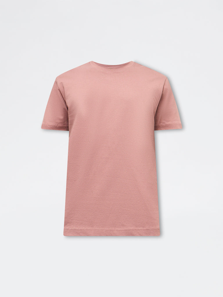 WES Casuals Dusty Pink Solid Relaxed-Fit Cotton T-Shirt