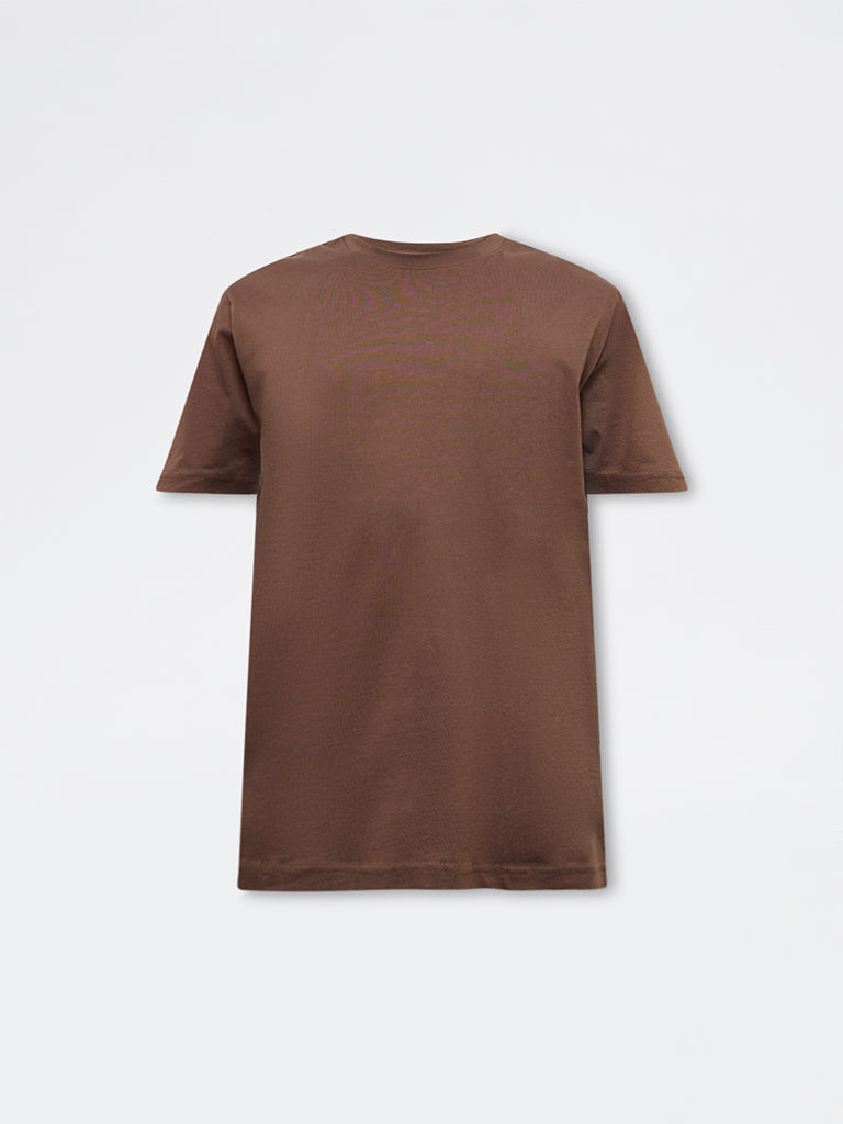 WES Casuals Dark Brown Solid Relaxed-Fit Cotton T-Shirt