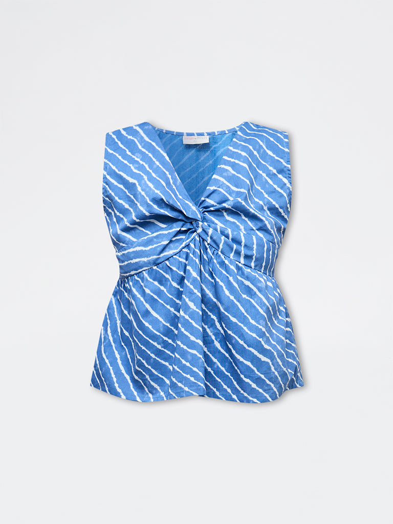 Bombay Paisley Blue Striped Cotton Peplum Top