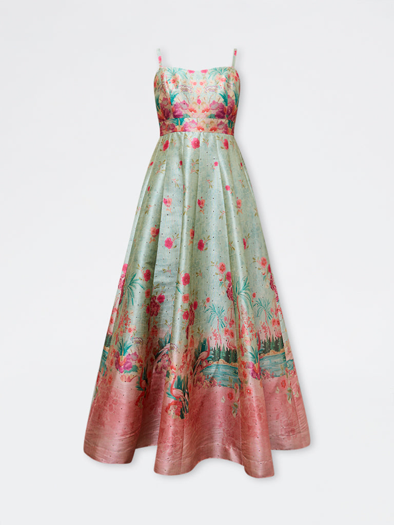 Vark Green Floral Pattern A-Line Dress