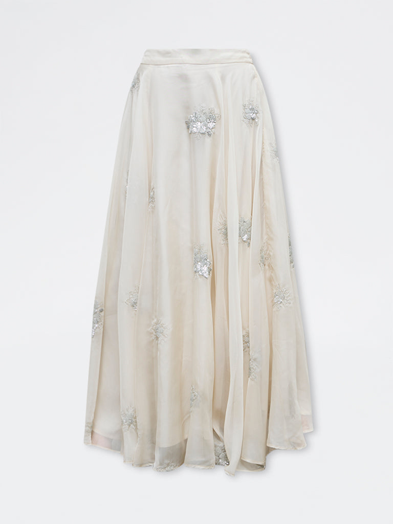 Vark Off-White Floral Embellished Skirt