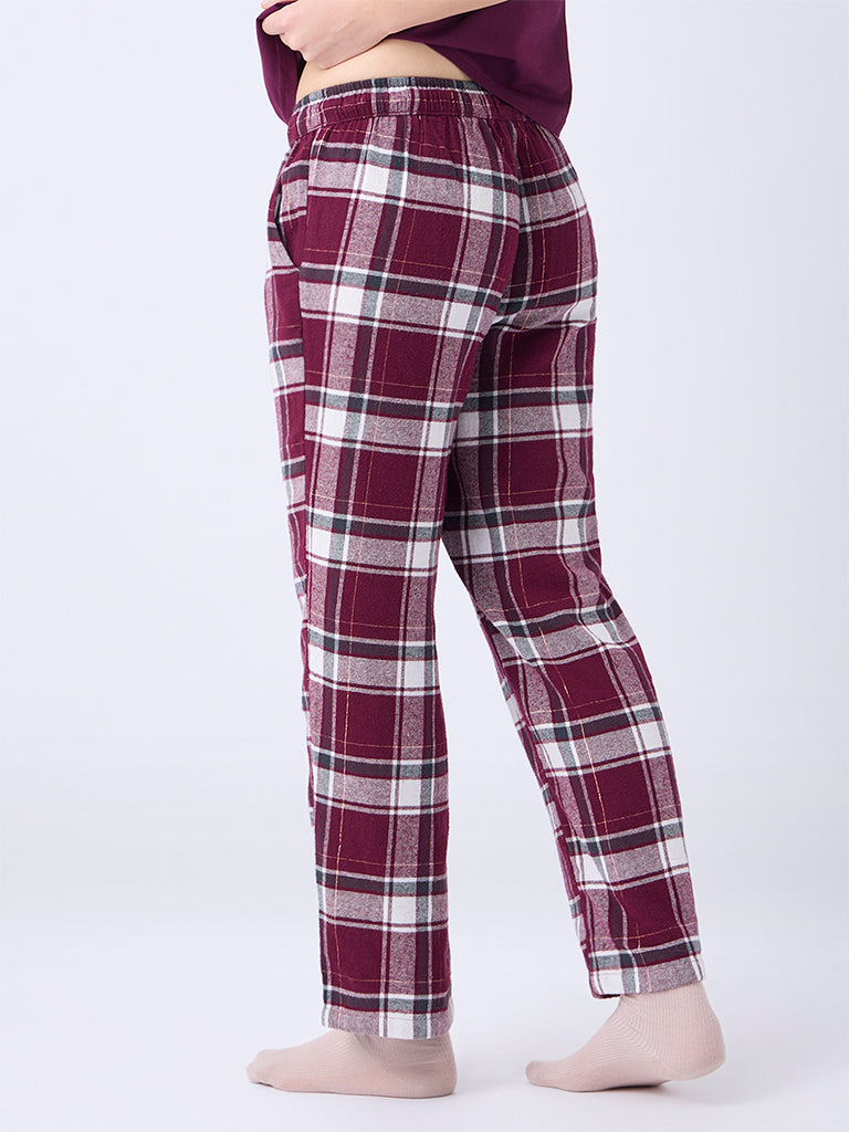 Wunderlove Wine Checks Pattern High-Rise Cotton Pants