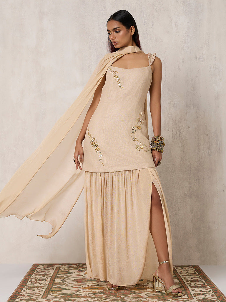 Buy SAMOH x WHITE DOOR Sheer Gold Dress with Dupatta from Samoh – Westside