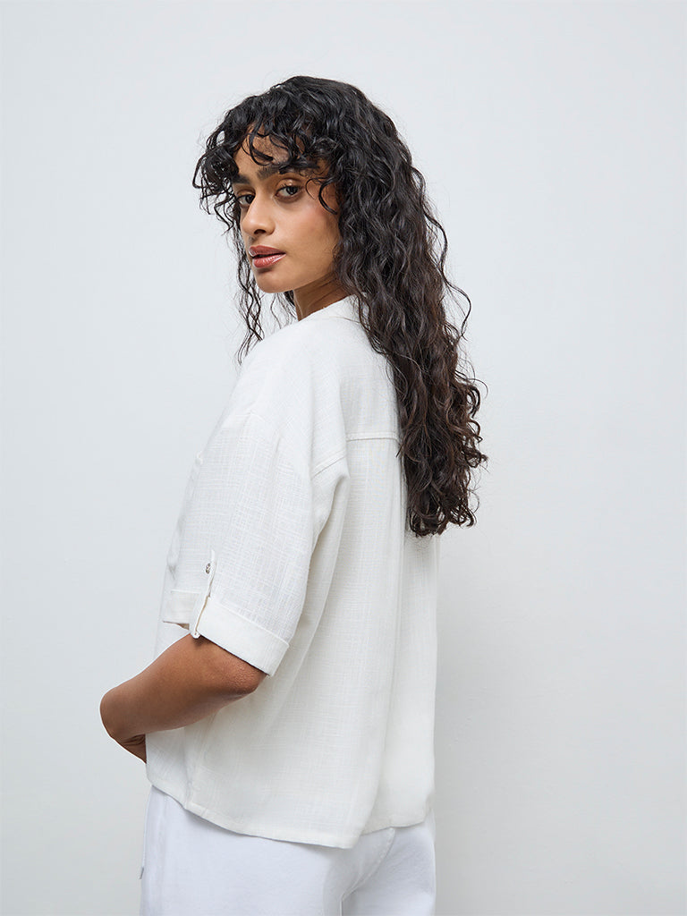 LOV White Solid Linen-Blend Shirt