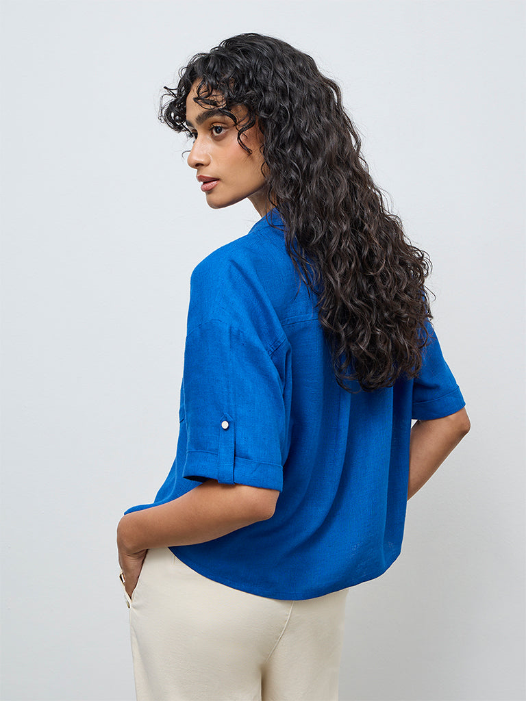 LOV Blue Solid Cotton-Blend Shirt