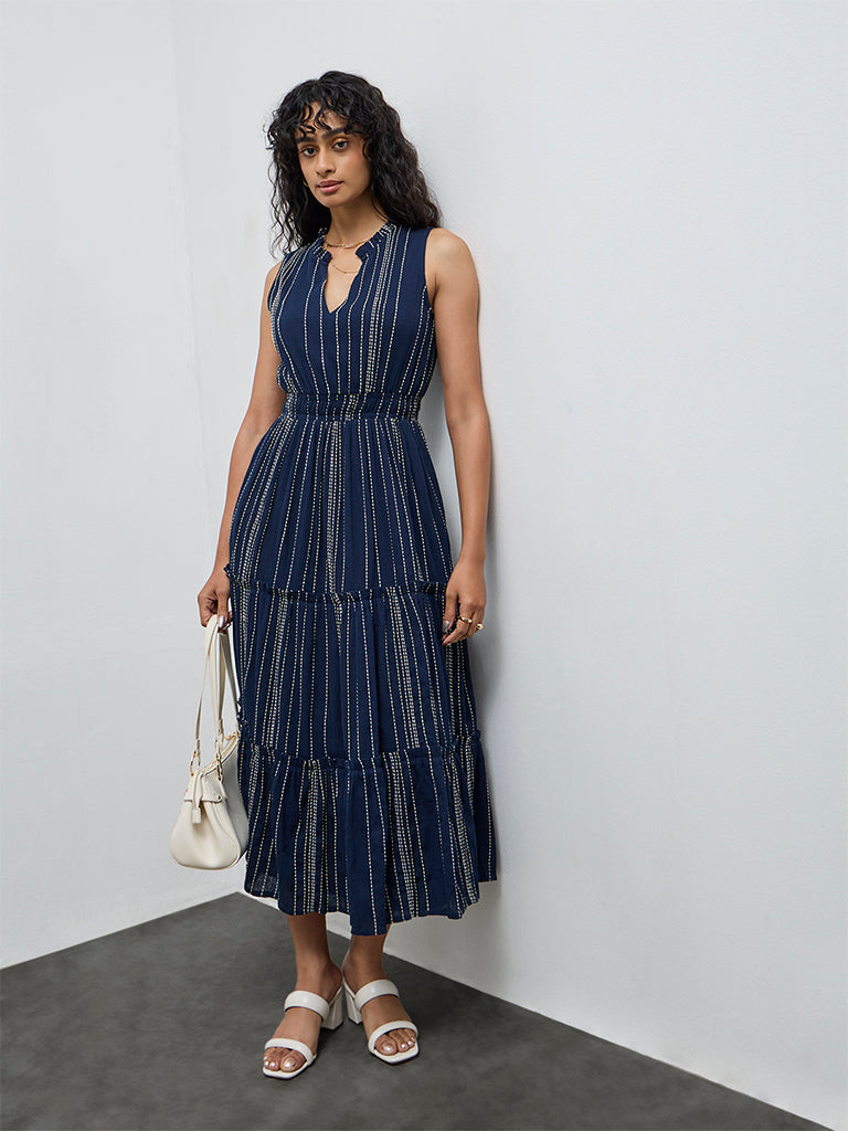 Buy LOV Navy Striped Embroidered Cotton Tiered Dress from Westside