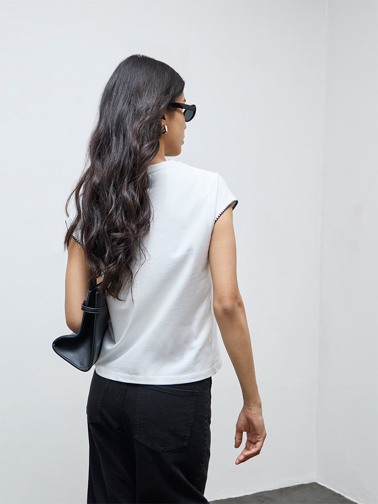 LOV Off-White Solid Cotton T-Shirt