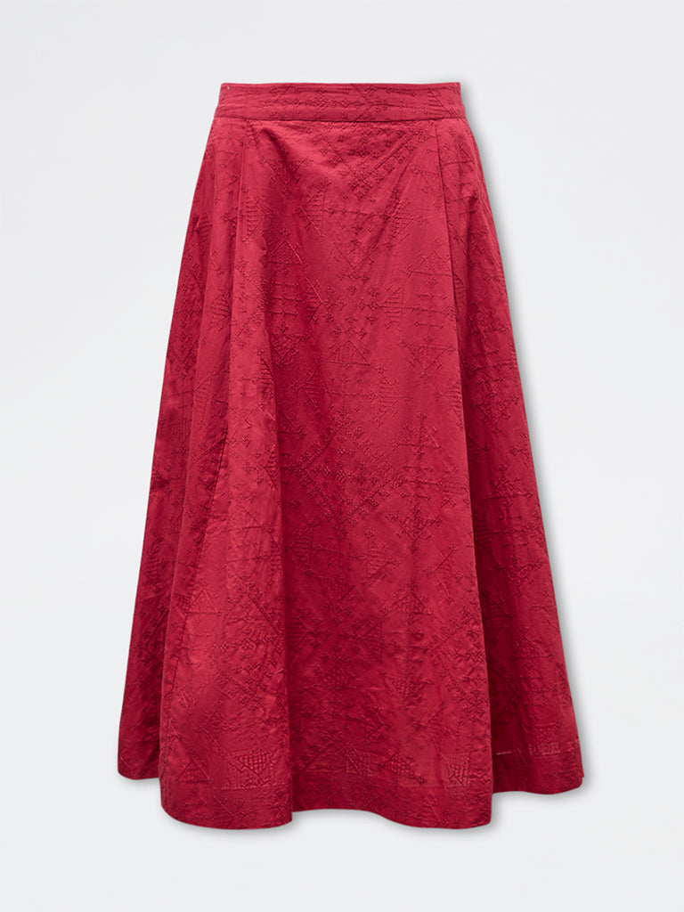 Bombay Paisley Red Embroidered Cotton Skirt