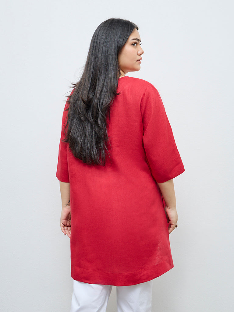 Diza Red Floral Embroidered Linen Tunic