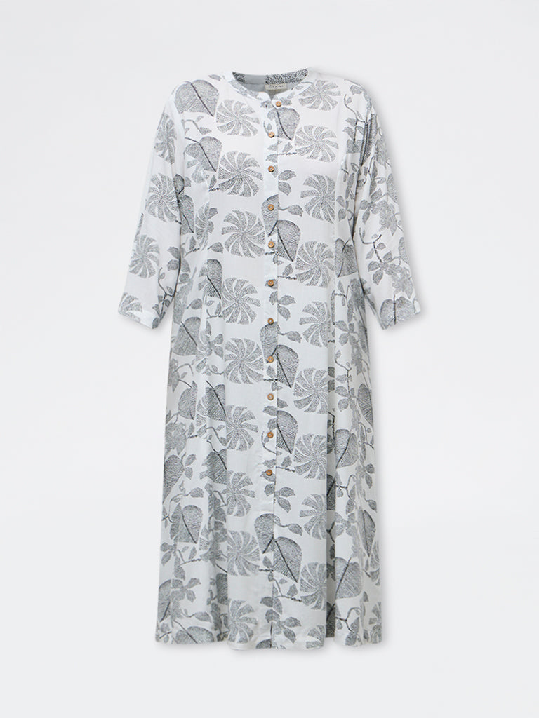 Diza White Leaf Design A-Line Kurta