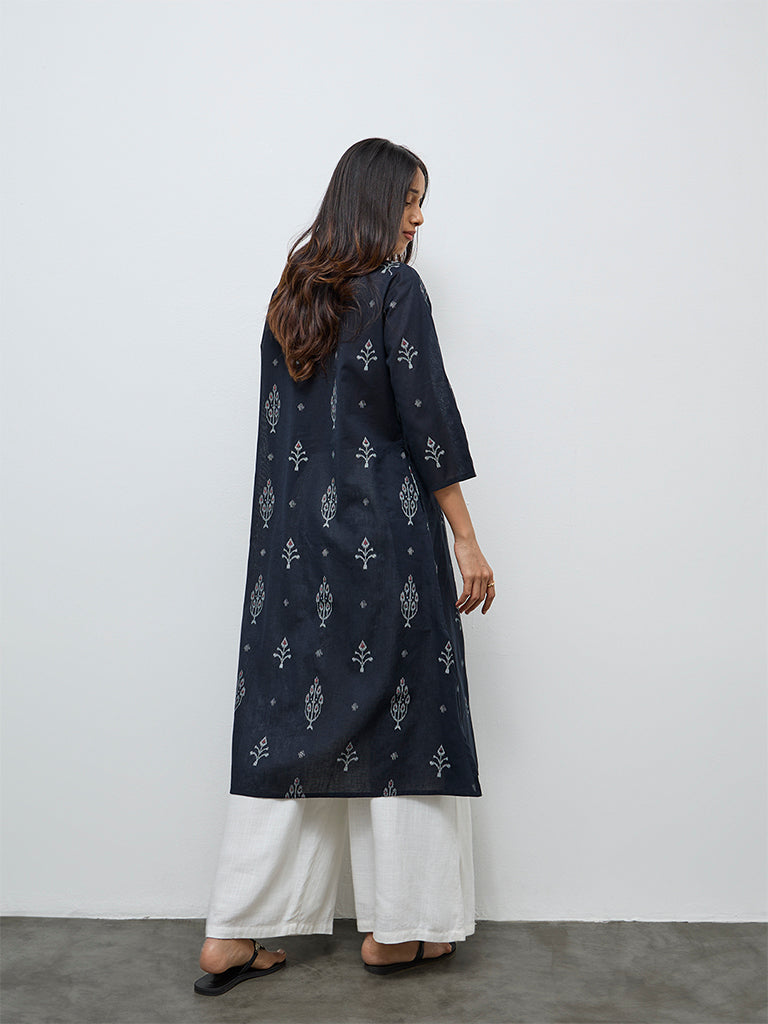 Utsa Black Ikat Printed Cotton-Blend A-Line Kurta