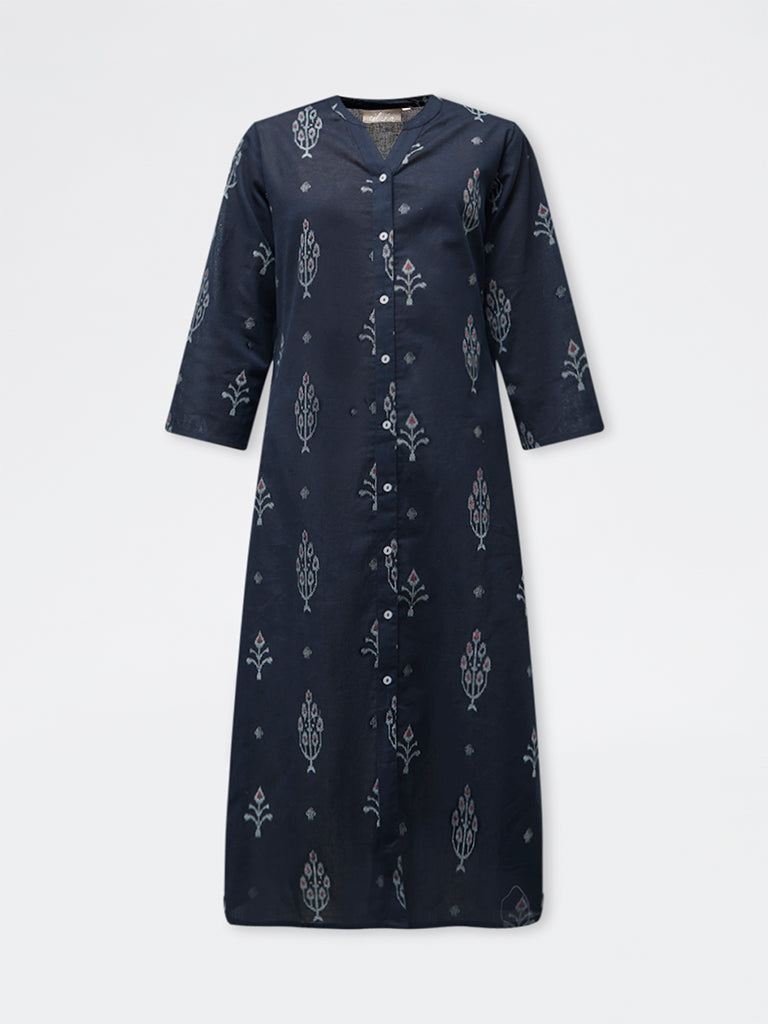 Utsa Black Ikat Printed Cotton-Blend A-Line Kurta